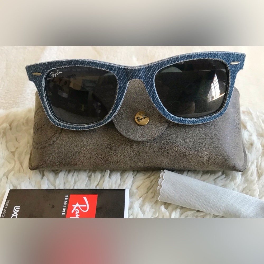 Ray-Ban Indigo Denim Frame, Blue lens Sunglasses with papers, cloth and Case